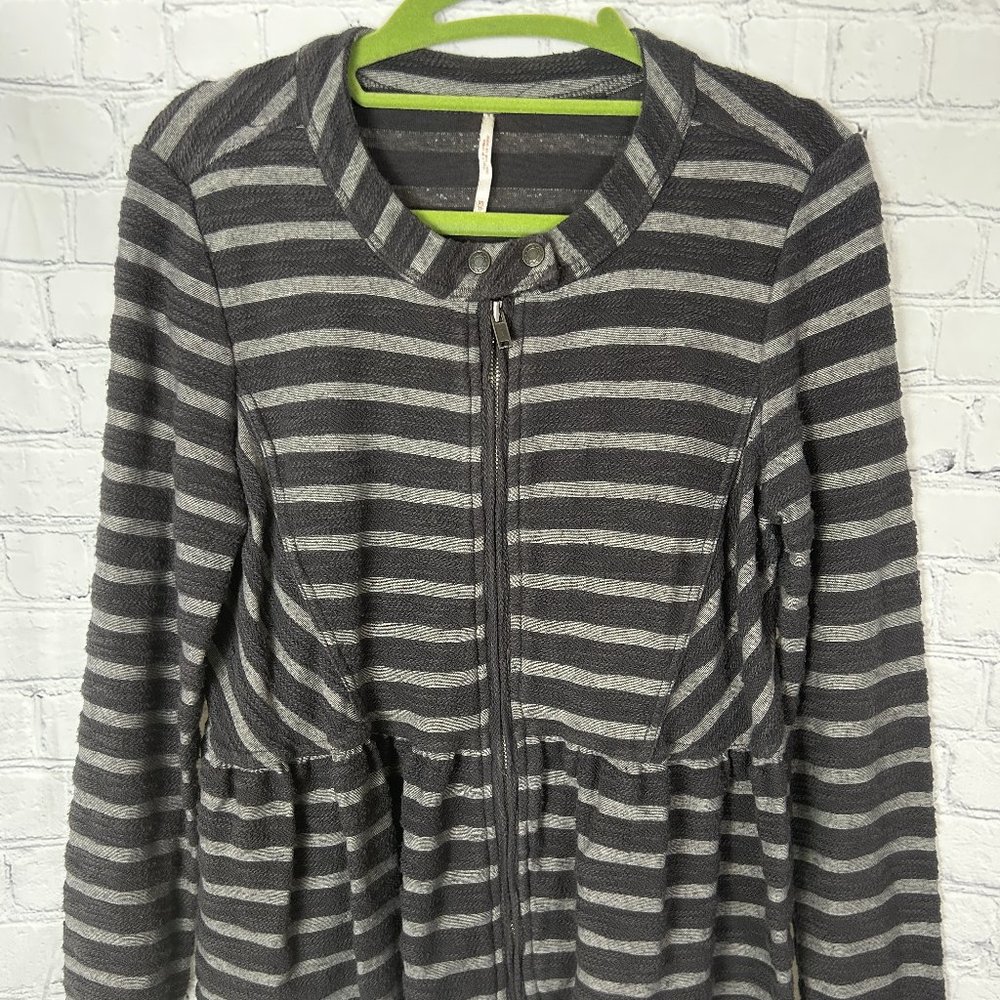 Free People Grey Striped Peplum Zip-Up Jacket, Color: Gray, Size: Extra Small